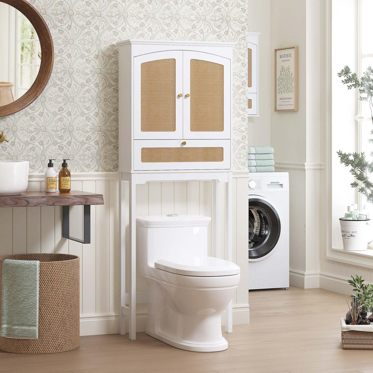 Over the Toilet Storage Cabinet with Arched Rattan Doors, White J813