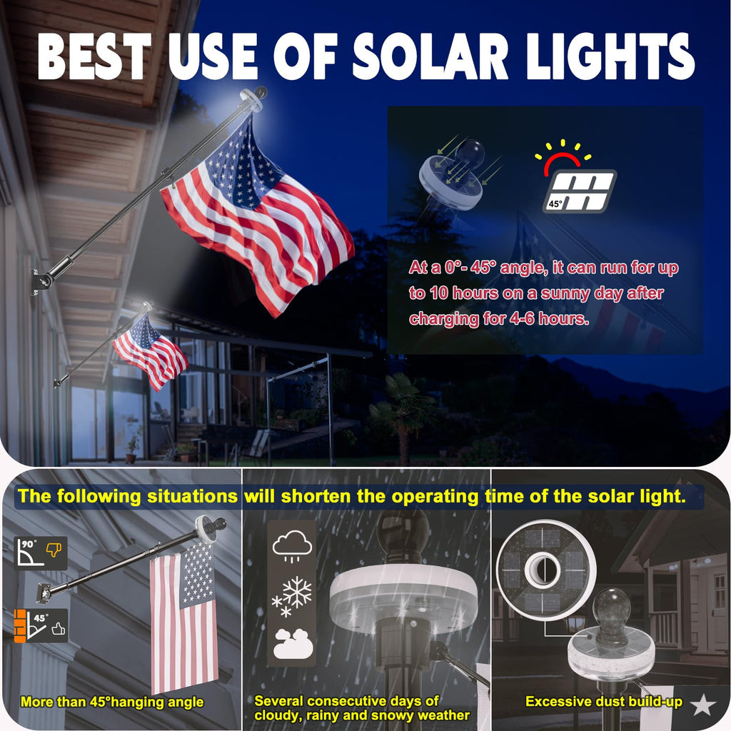 2 Pack 6FT Black Stainless Steel Flag Pole Kit with Solar Light L158