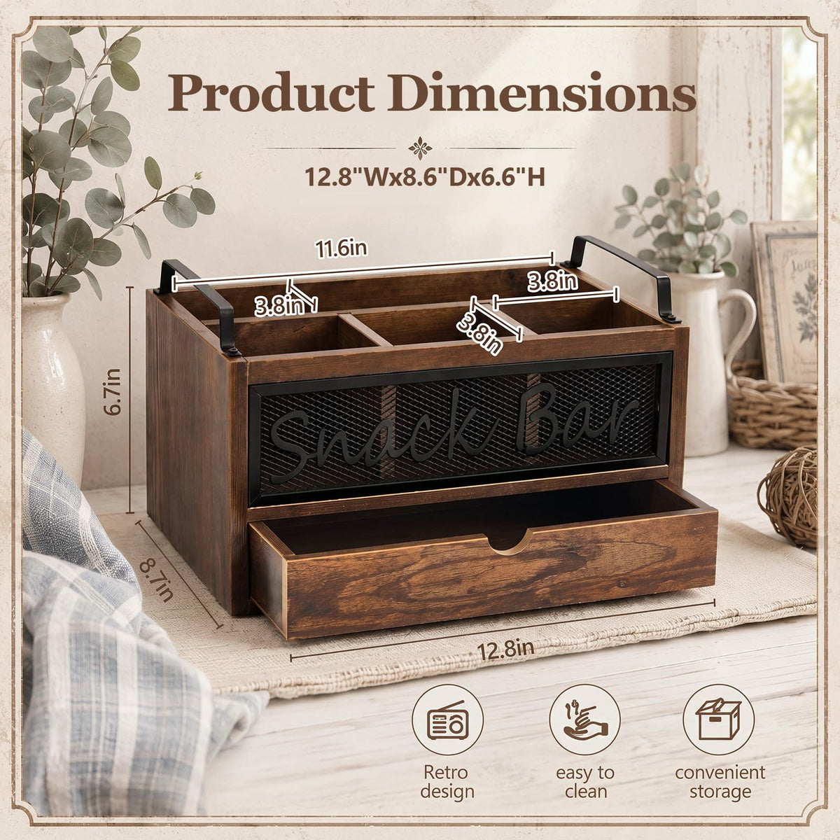 Wood Snack Bar Organizer with Drawer and Handles P433561