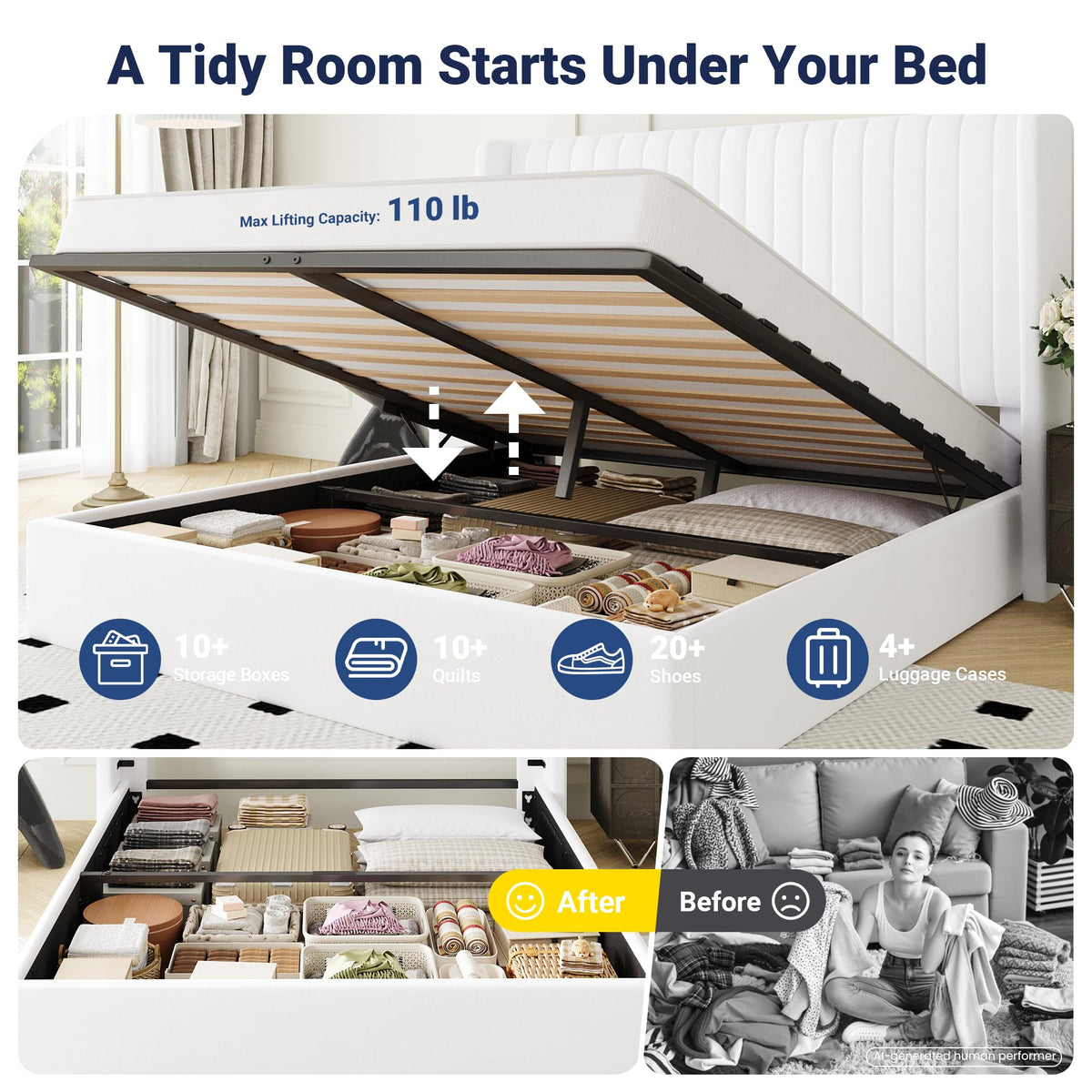 Queen Size Lift Up Storage Bed Frame White A9219