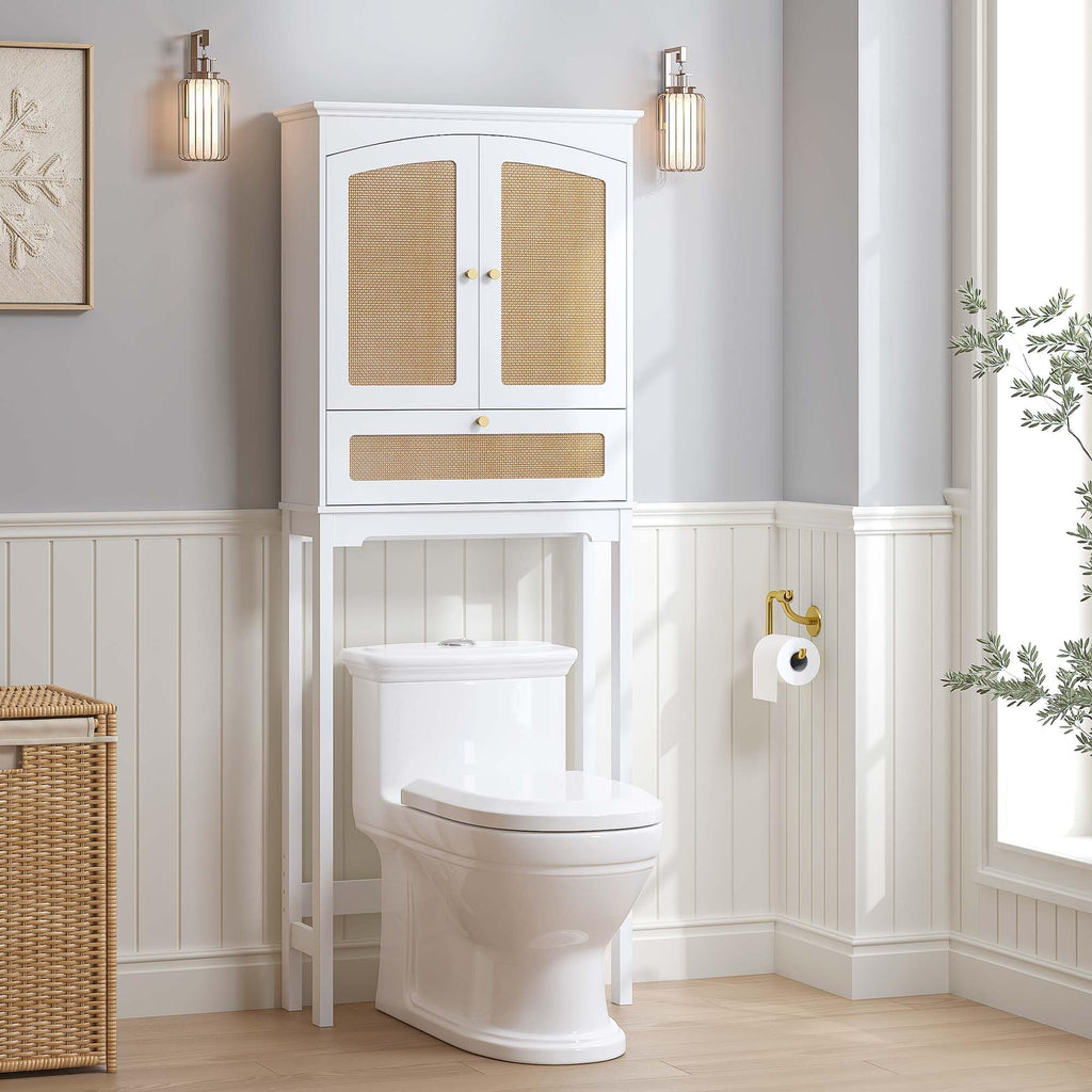 Over the Toilet Storage Cabinet with Arched Rattan Doors, White J813