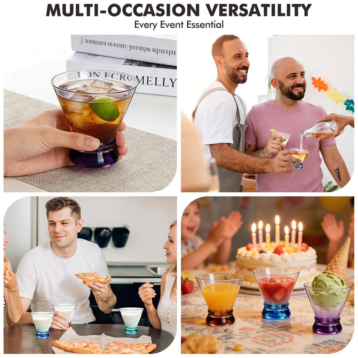 Multi Colored Stemless Martini Glasses Set of 6 L139