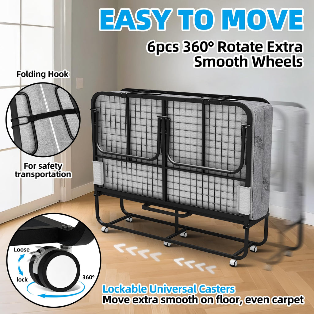 Folding Bed with Mattress Full Size 75 X 54 inch Memory Foam on Wheels G7083