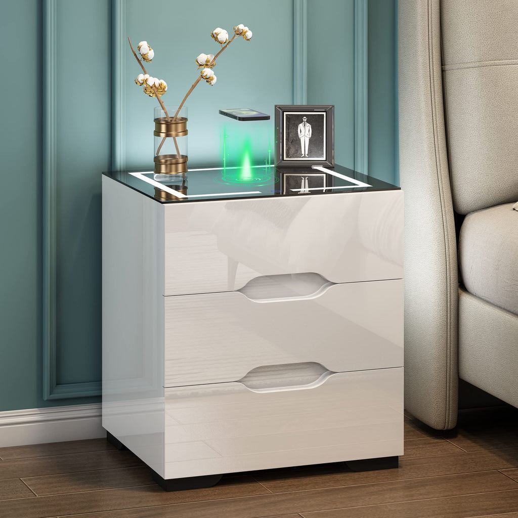 White Smart Nightstand with Wireless Charging Station and 3 Drawers F2317