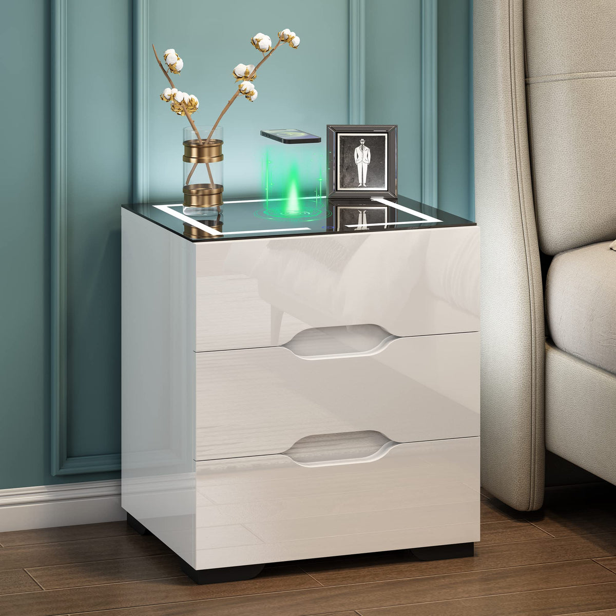 White Smart Nightstand with Wireless Charging Station and 3 Drawers F2317