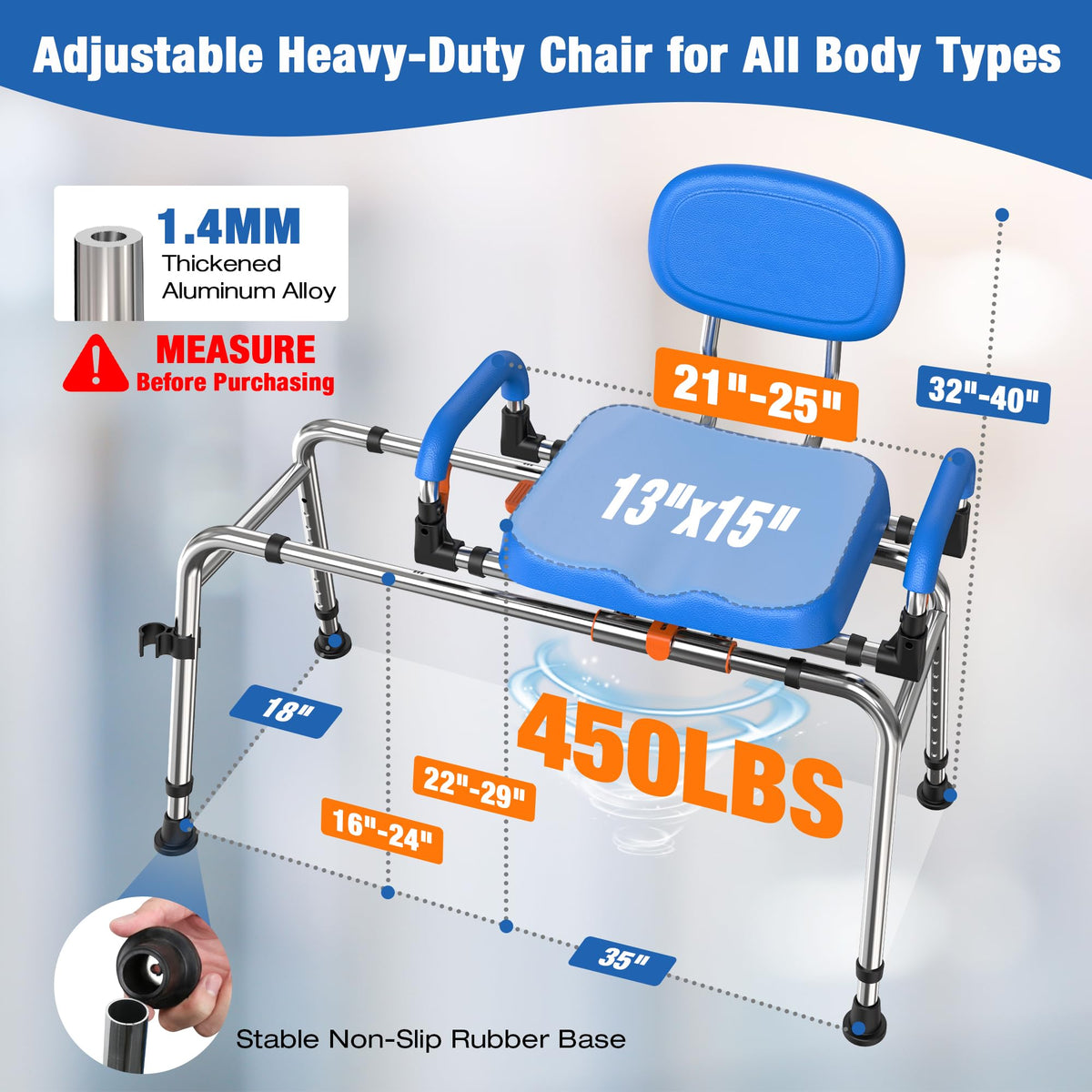 Sliding Shower Chair with 360° Swivel Seat and Adjustable Height S361