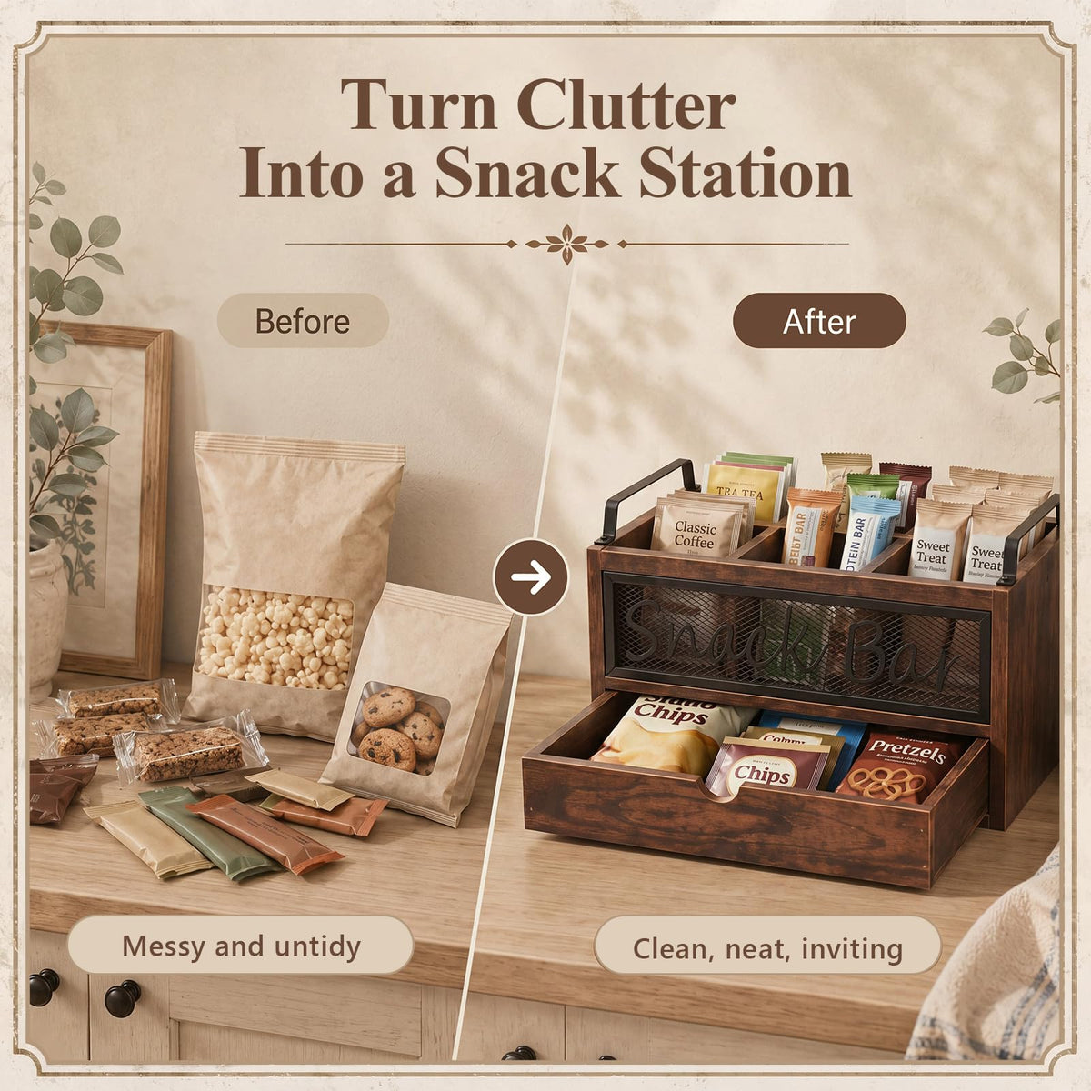 Wood Snack Bar Organizer with Drawer and Handles P433561