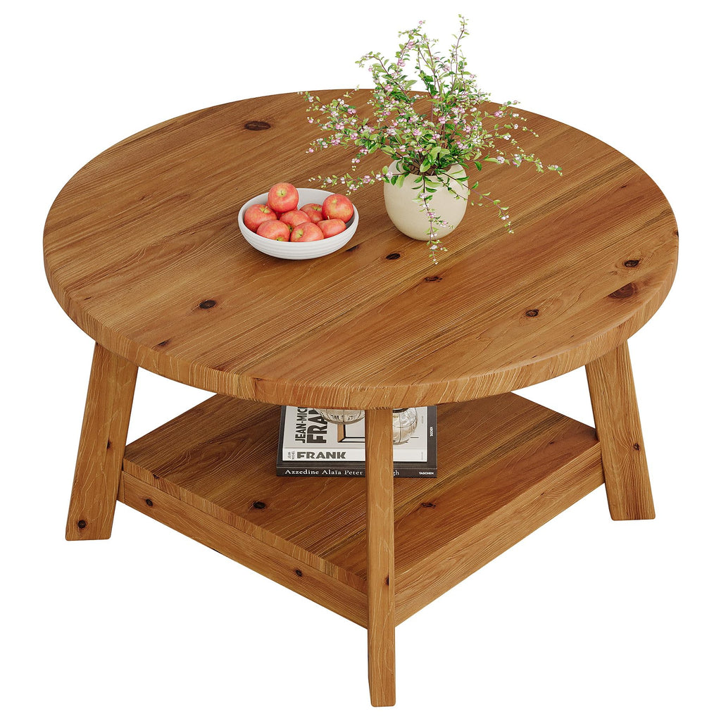 Solid Wood Round 2-Tier Coffee Table with Storage Shelf V35874