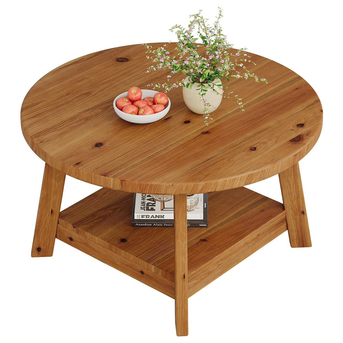 Solid Wood Round 2-Tier Coffee Table with Storage Shelf V35874