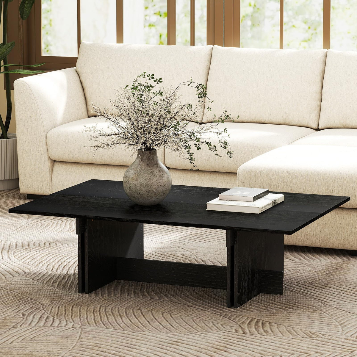 48" Rustic Wood Coffee Table with Geometric Base O51076
