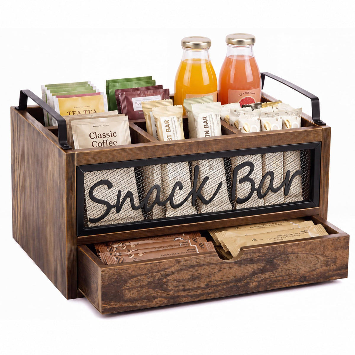 Wood Snack Bar Organizer with Drawer and Handles P433561