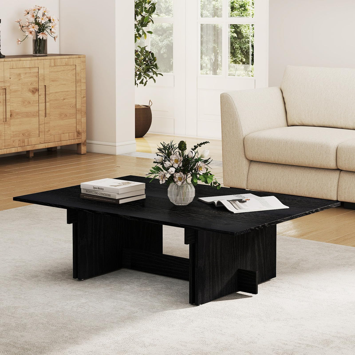 48" Rustic Wood Coffee Table with Geometric Base O51076