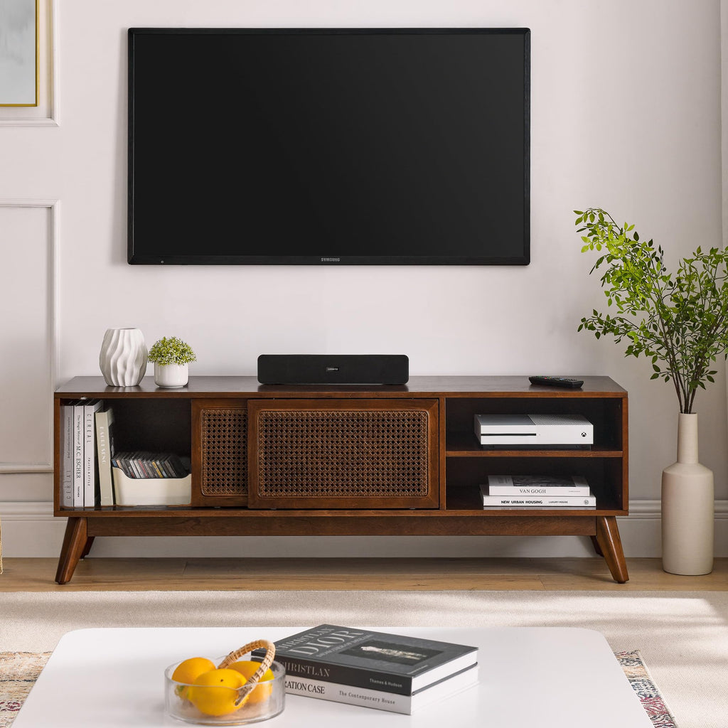 Rattan TV Stand for 65 Inch TV with Sliding Barn Door A56109