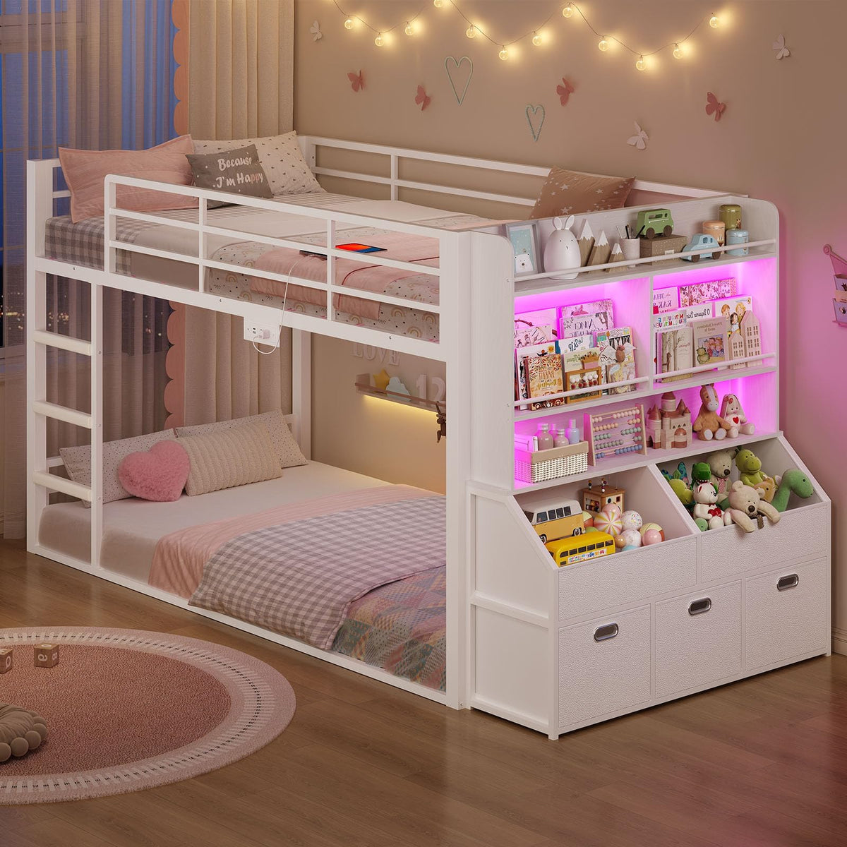 Twin Over Twin Bunk Bed with Bookshelf and Drawers I492