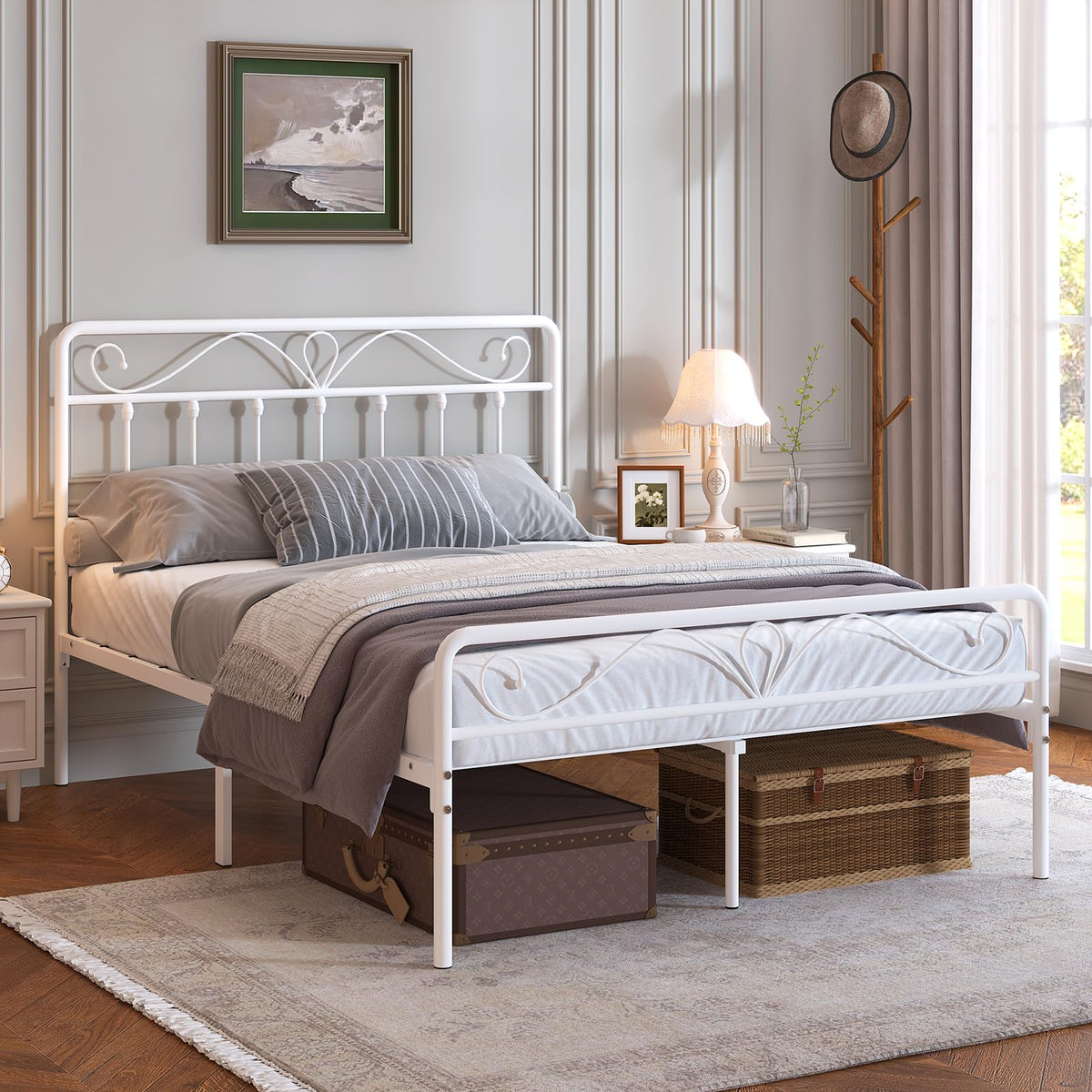 White Metal Full Size Platform Bed Frame with Headboard and Footboard P8253