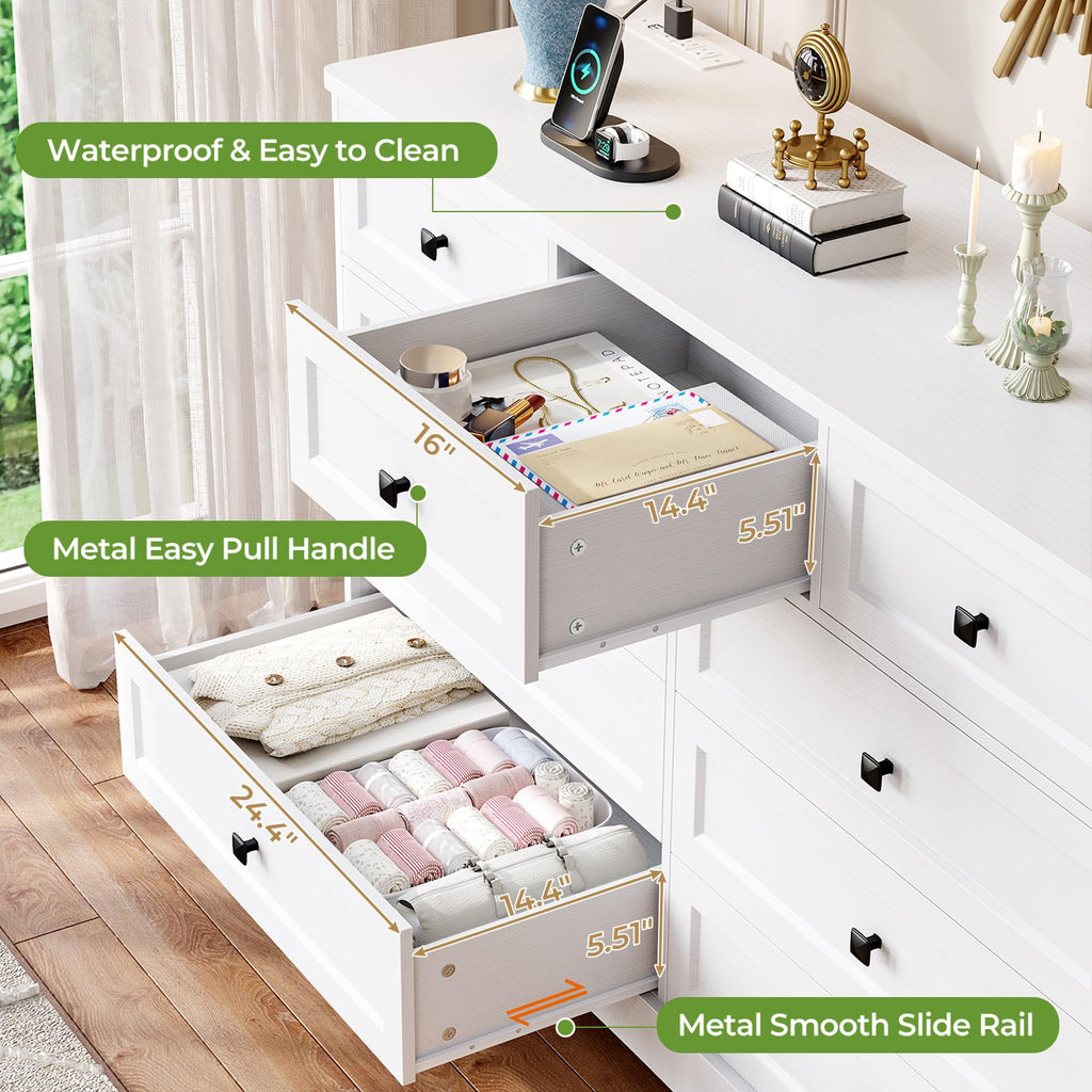 White 9 Drawer Wood Dresser with Charging Station A1191