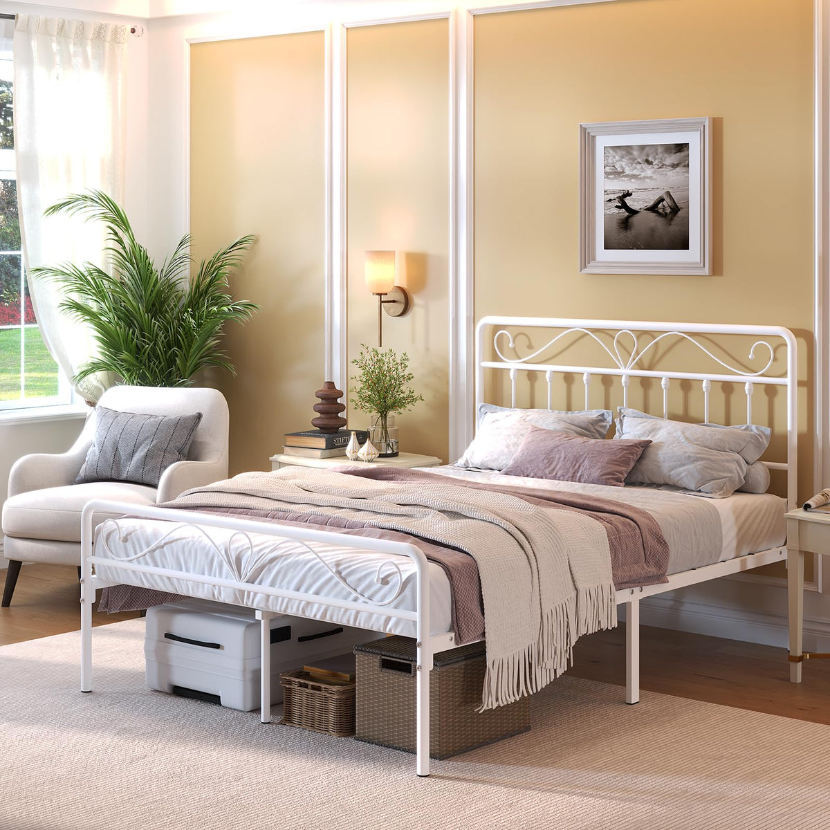 White Metal Full Size Platform Bed Frame with Headboard and Footboard P8253