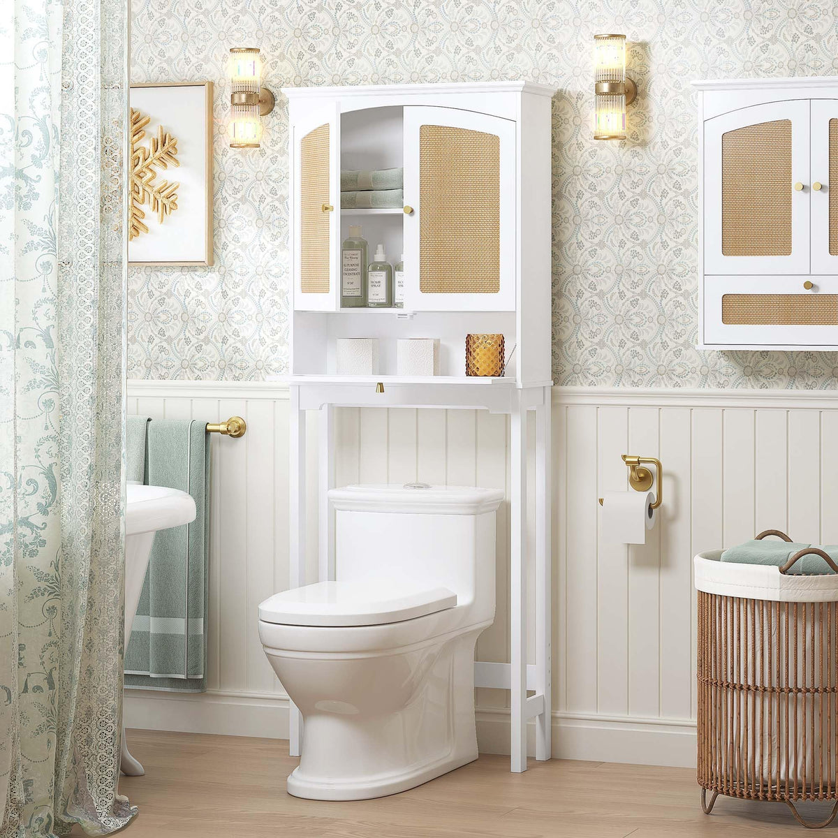 Over the Toilet Storage Cabinet with Arched Rattan Doors, White J813
