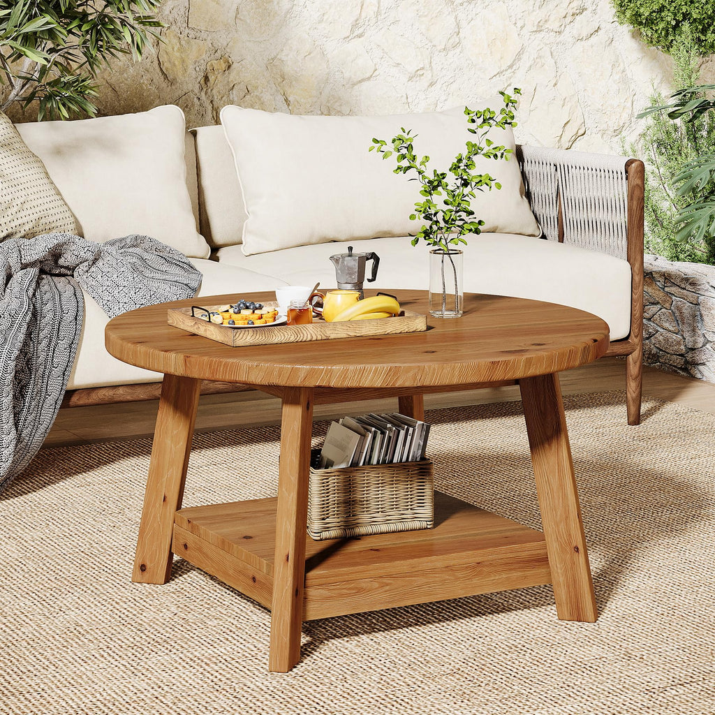 Solid Wood Round 2-Tier Coffee Table with Storage Shelf V35874