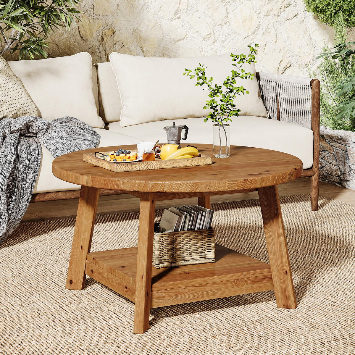 Solid Wood Round 2-Tier Coffee Table with Storage Shelf V35874