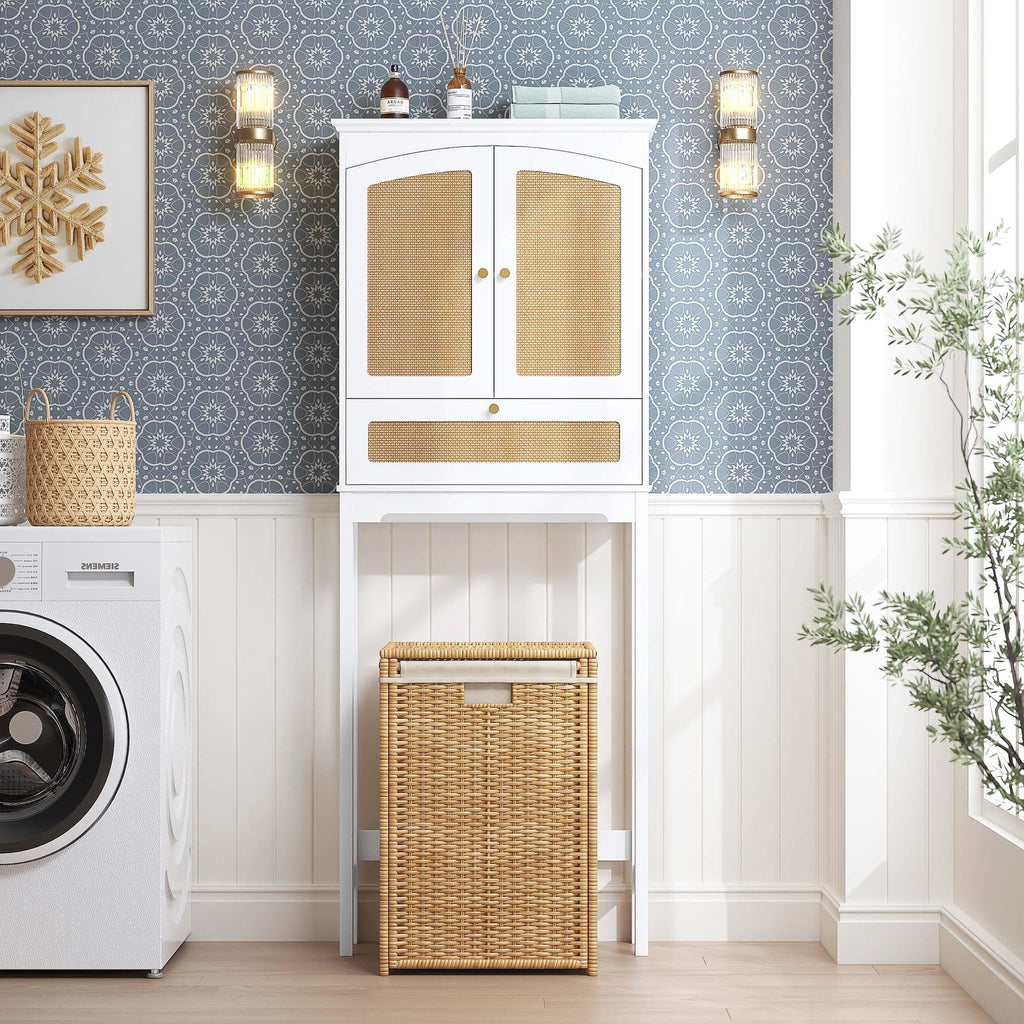 Over the Toilet Storage Cabinet with Arched Rattan Doors, White J813