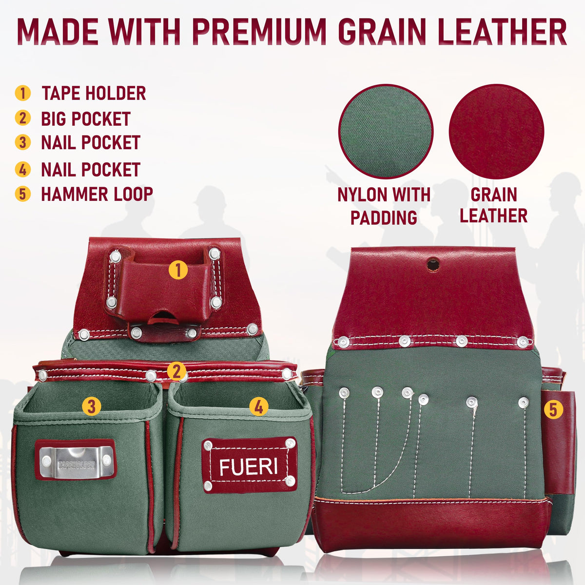 Nylon Grain Leather Carpenter Tool Belt with Padded Belt and Hammer Holder L8471