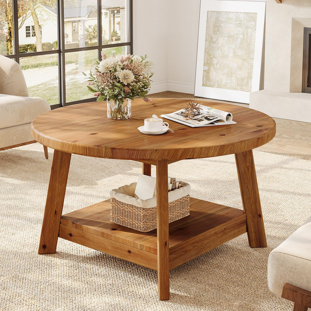 Solid Wood Round 2-Tier Coffee Table with Storage Shelf V35874