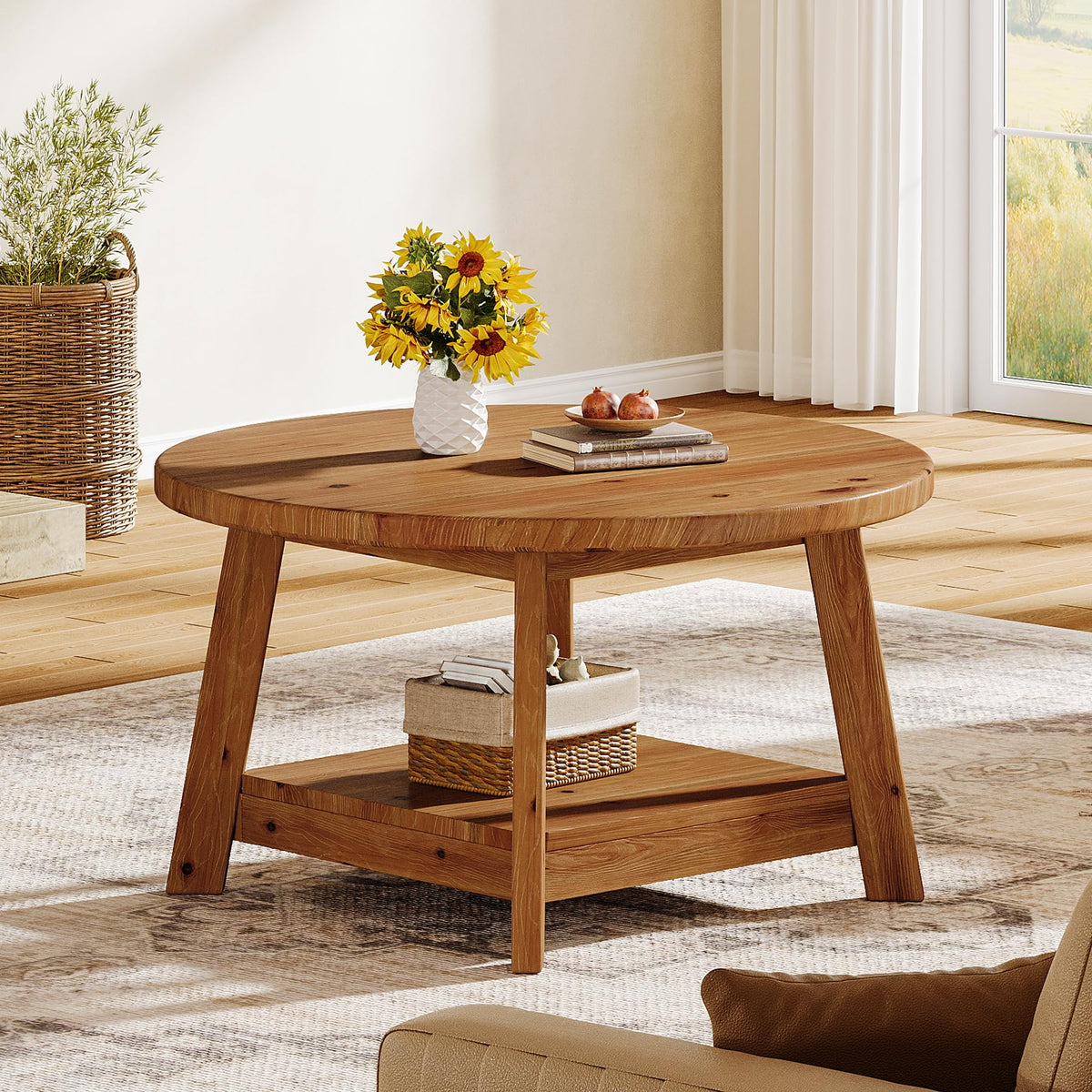 Solid Wood Round 2-Tier Coffee Table with Storage Shelf V35874