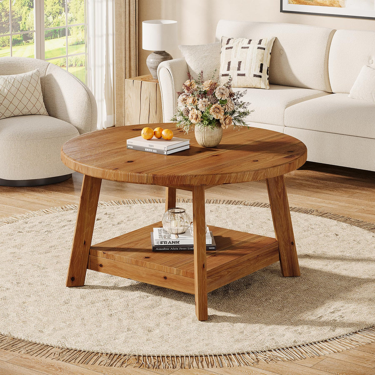 Solid Wood Round 2-Tier Coffee Table with Storage Shelf V35874