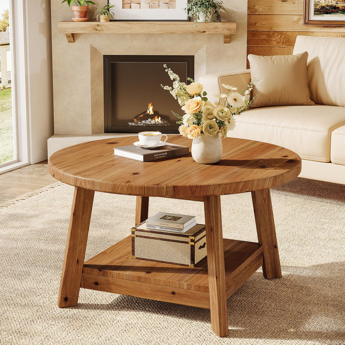 Solid Wood Round 2-Tier Coffee Table with Storage Shelf V35874