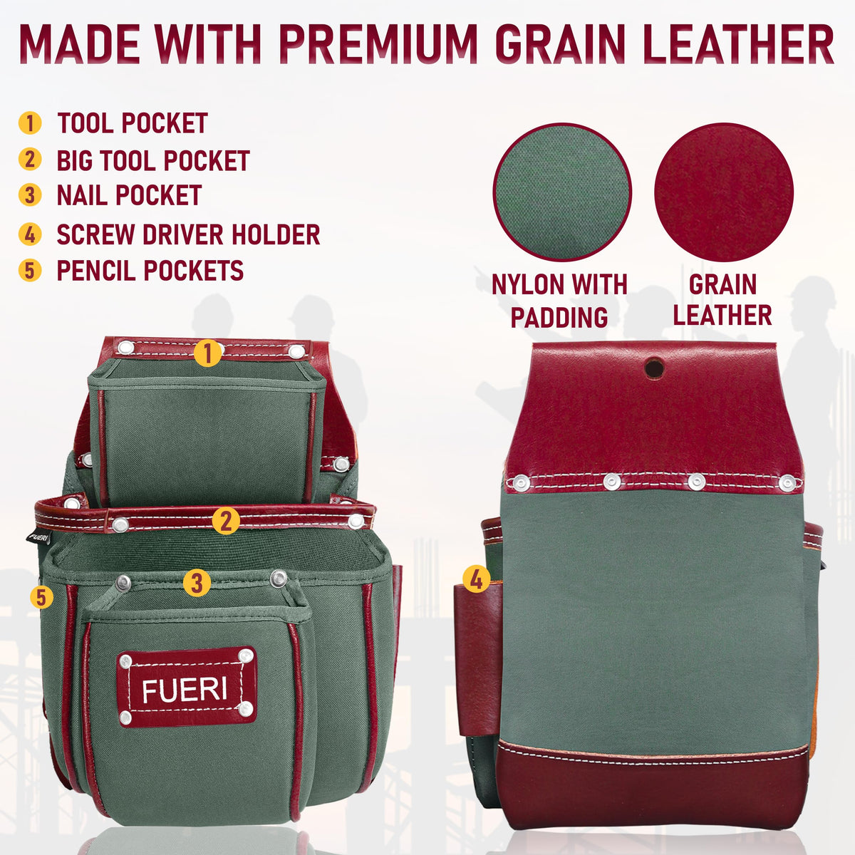 Nylon Grain Leather Carpenter Tool Belt with Padded Belt and Hammer Holder L8471