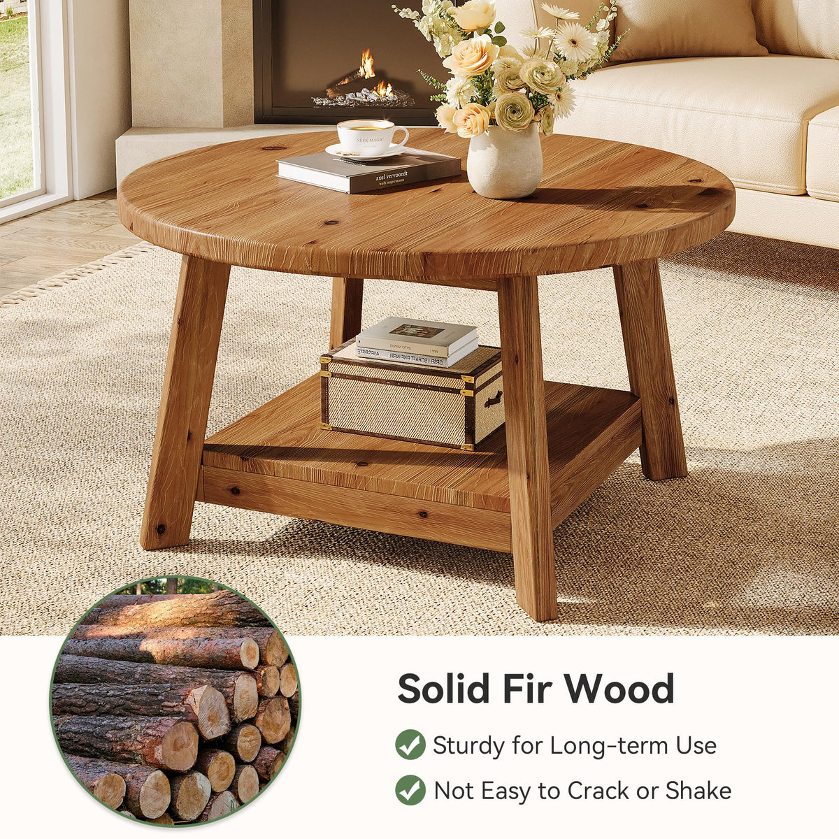 Solid Wood Round 2-Tier Coffee Table with Storage Shelf V35874