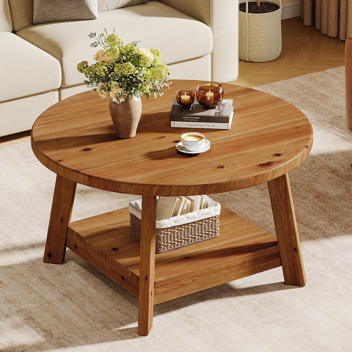 Solid Wood Round 2-Tier Coffee Table with Storage Shelf V35874